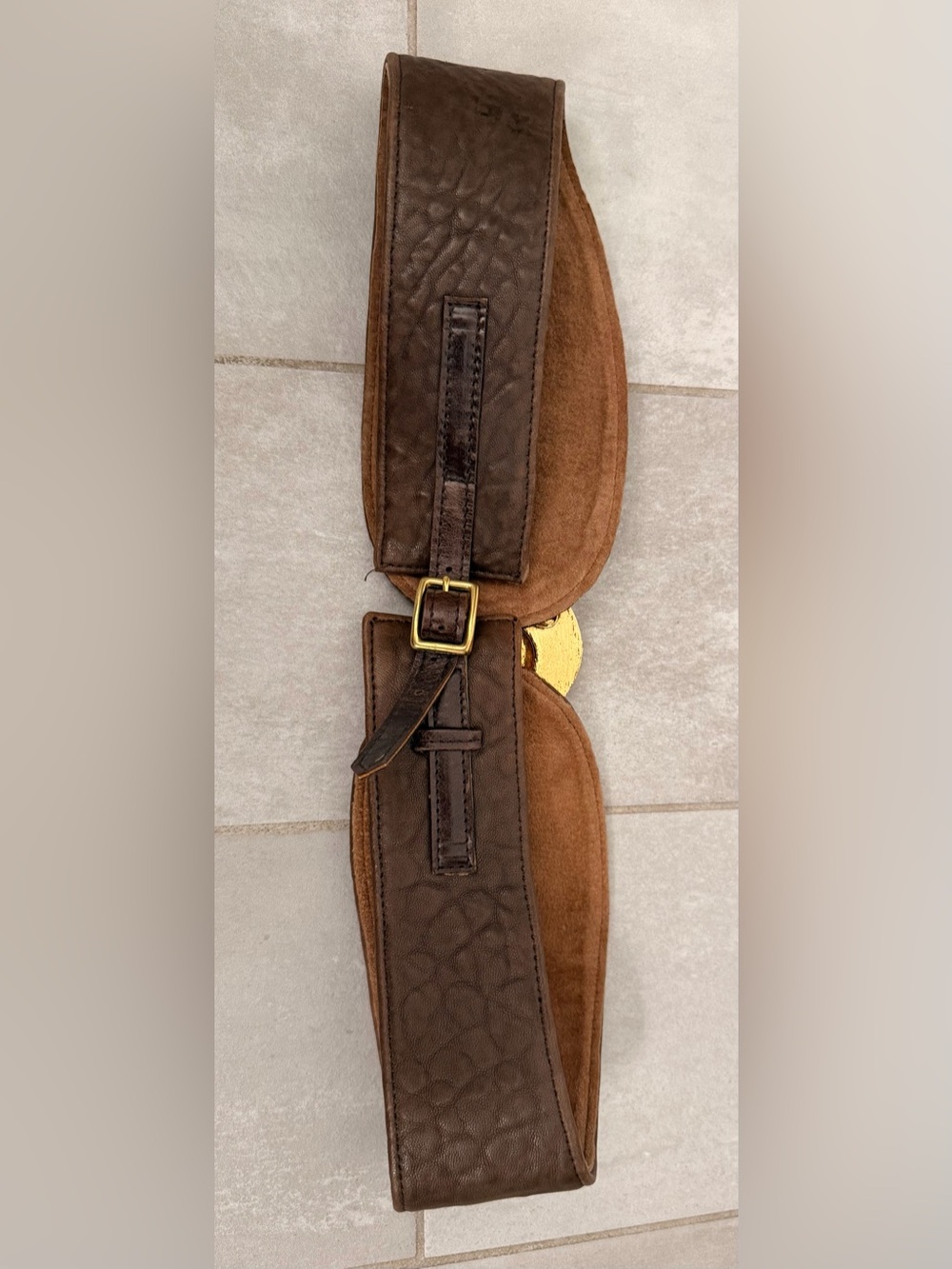 Raina Hammered Gold Accent Brown Leather Belt - Picture 6 of 9